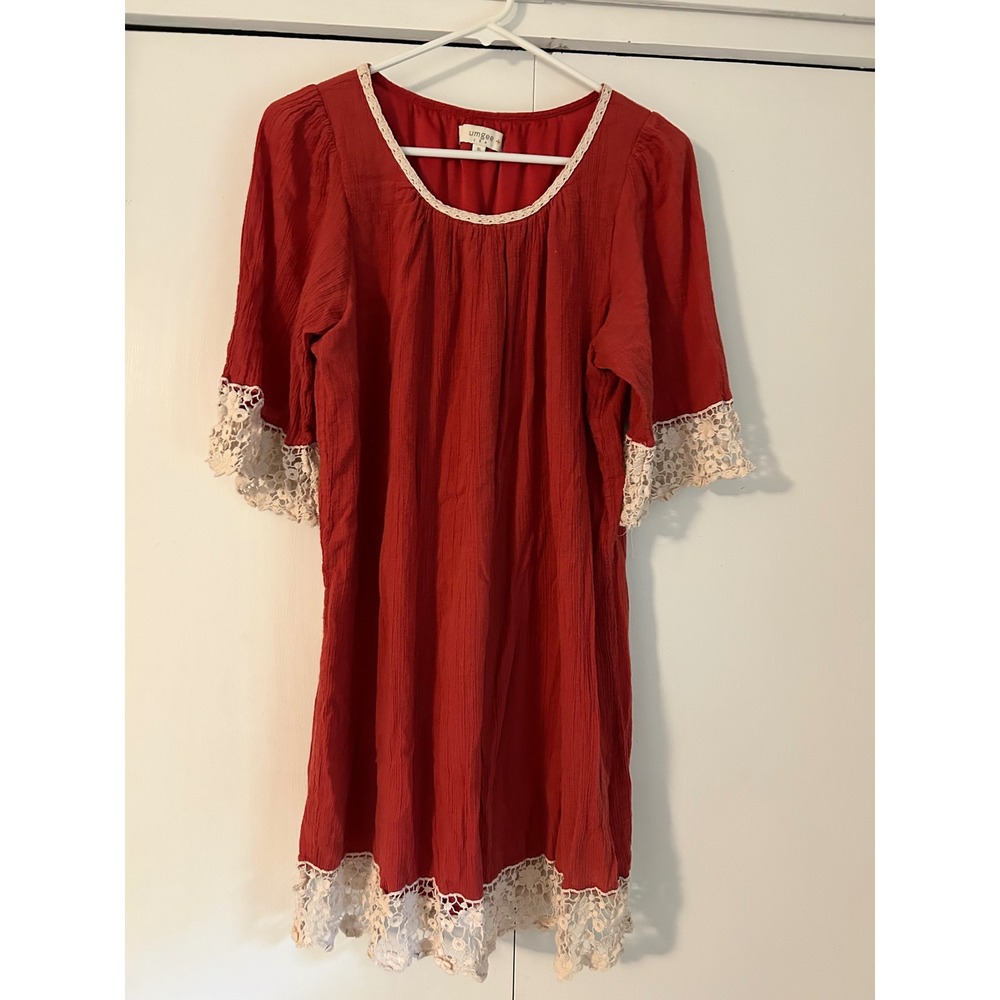 Umgee USA Rust Red Boho Lace Trim Crinkle Gauze Shift Dress XL W7800
